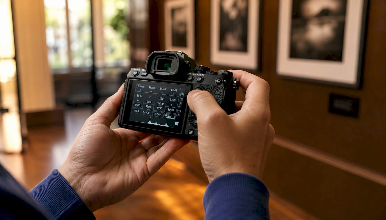 Hands checking EXIF data on camera screen