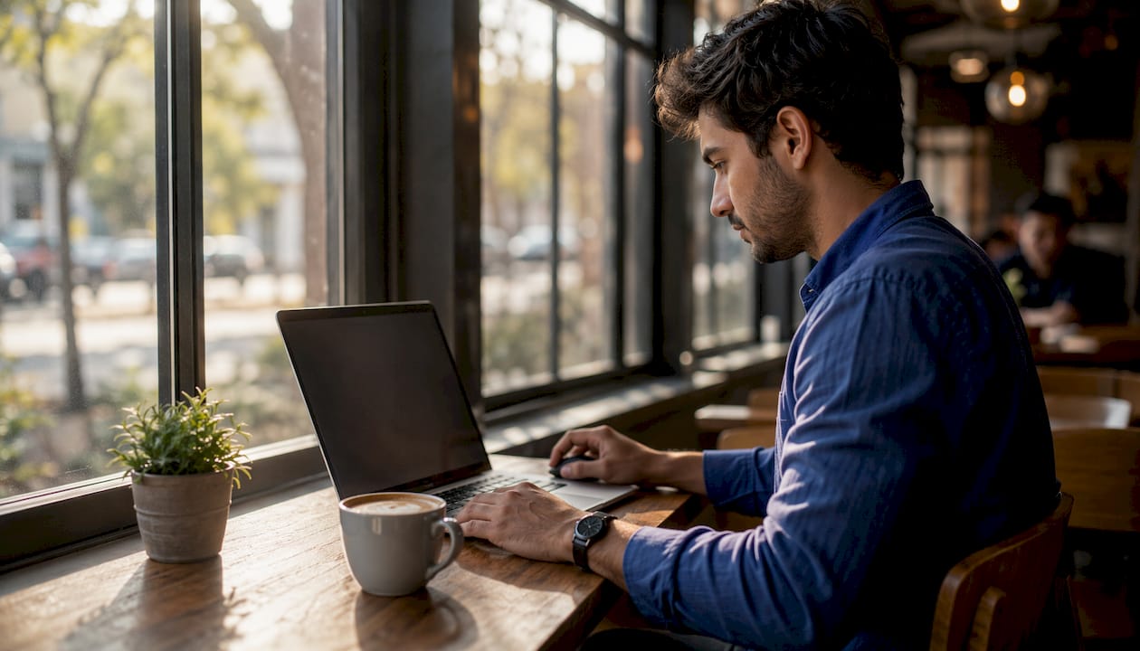 Man creating photo timeline on laptop