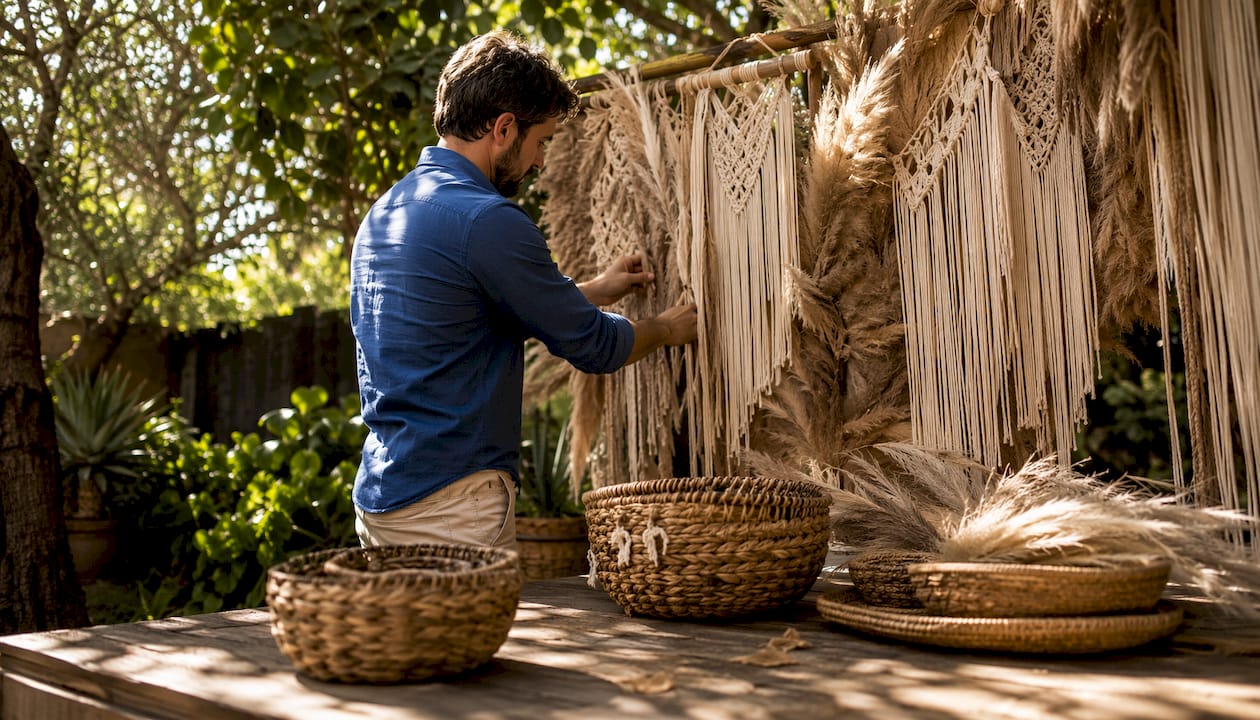 Photographer adjusting bohemian textured backdrop