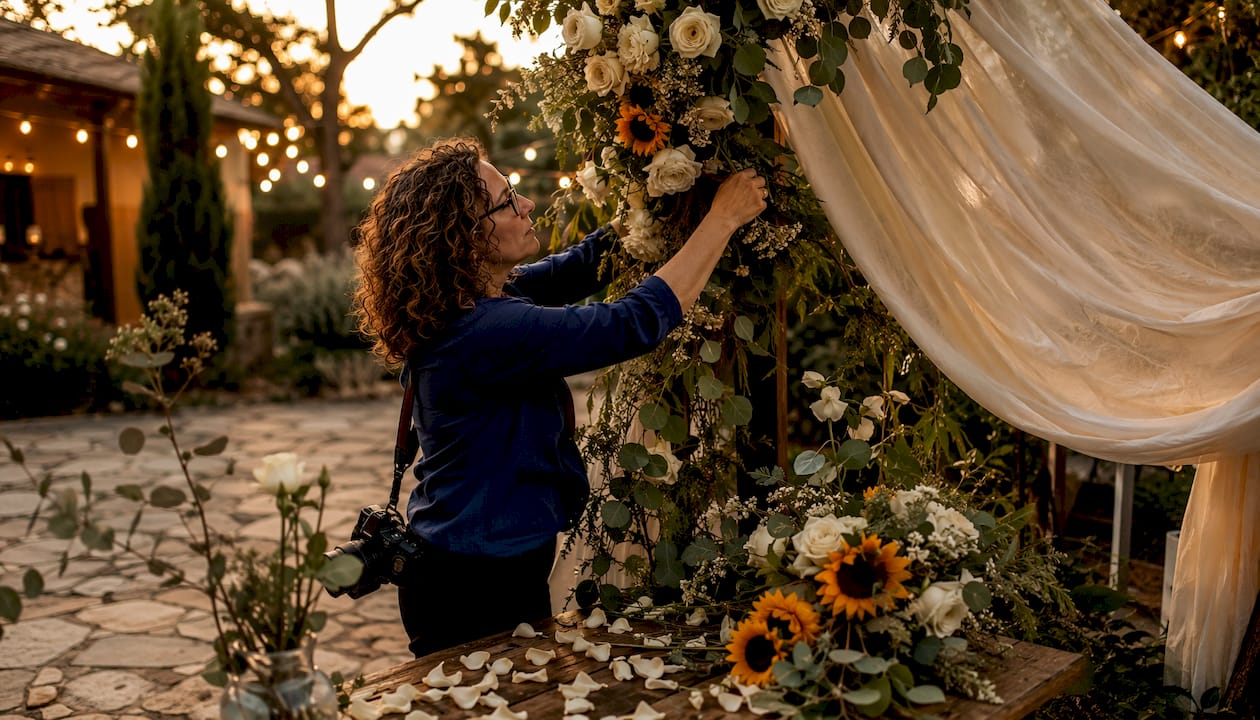 Photographer arranging elegant wedding floral backdrop