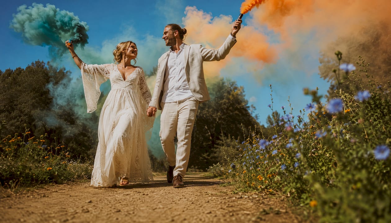 Couple exiting wedding with colorful smoke bombs outdoors