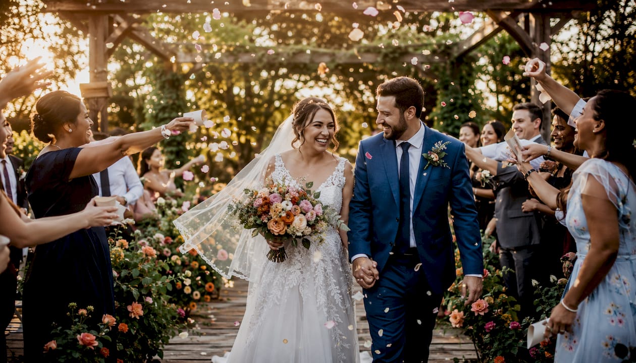 Couple with guests tossing confetti and petals outdoors