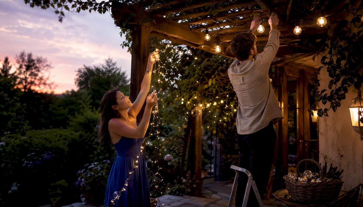 Couple installing mixed string lights at wedding venue