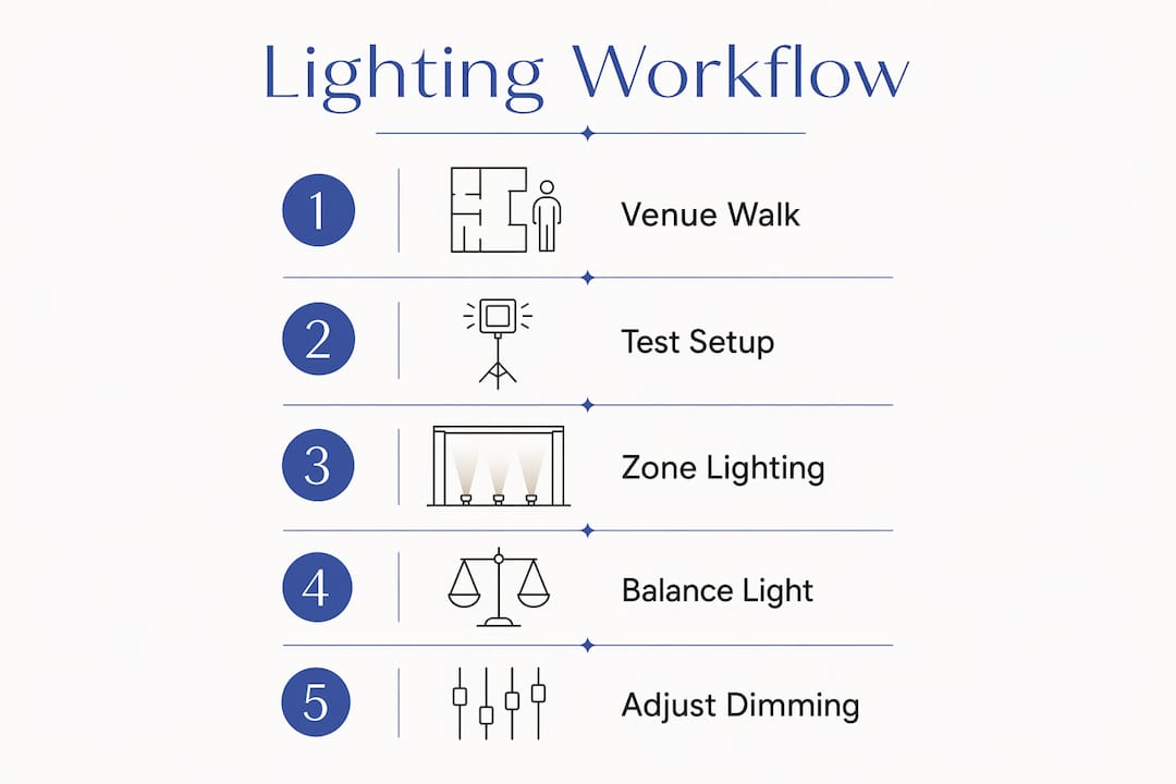 Step-by-step workflow for outdoor wedding lighting setup