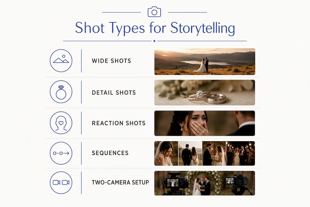 Infographic showing key wedding photo storytelling shot types