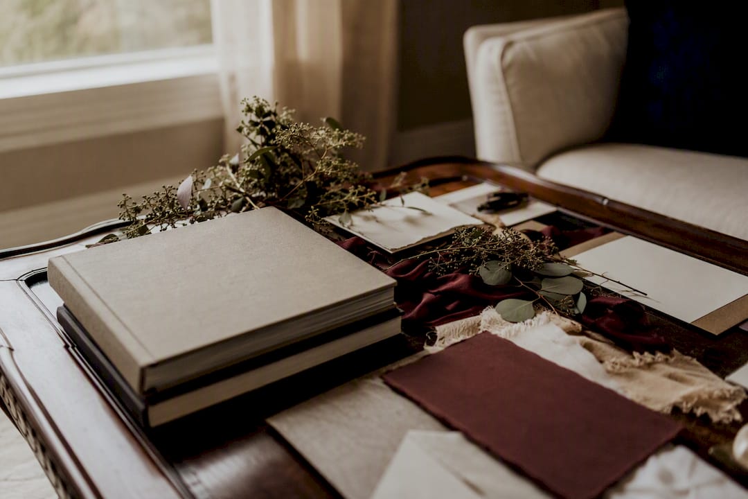 Wedding inspiration references on rustic table