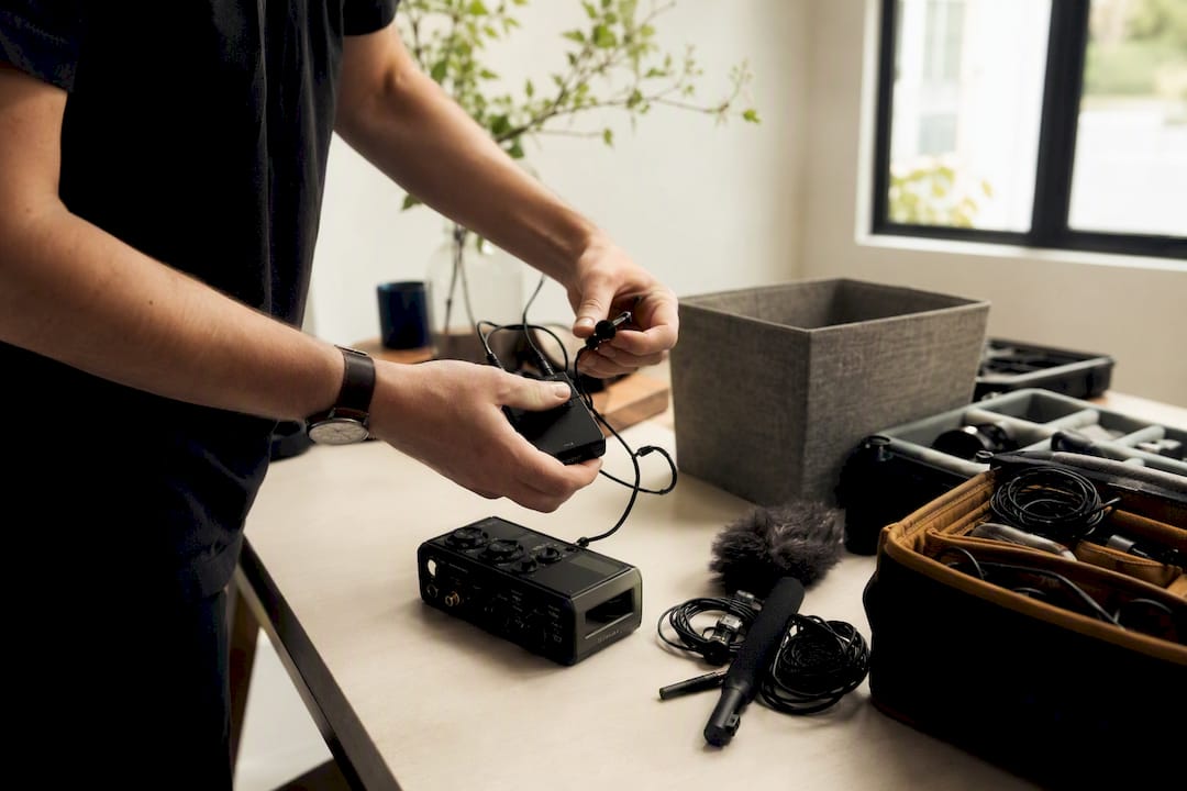 Hands connecting lavalier microphone for backup audio