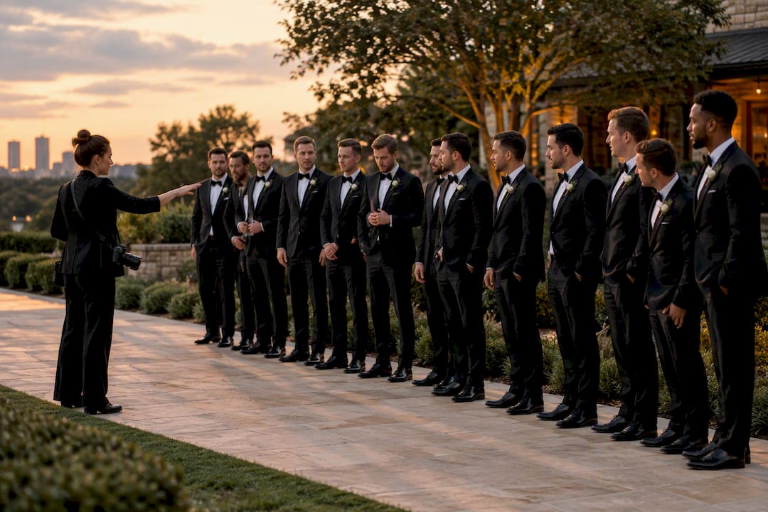 Photographer directing wedding party portrait