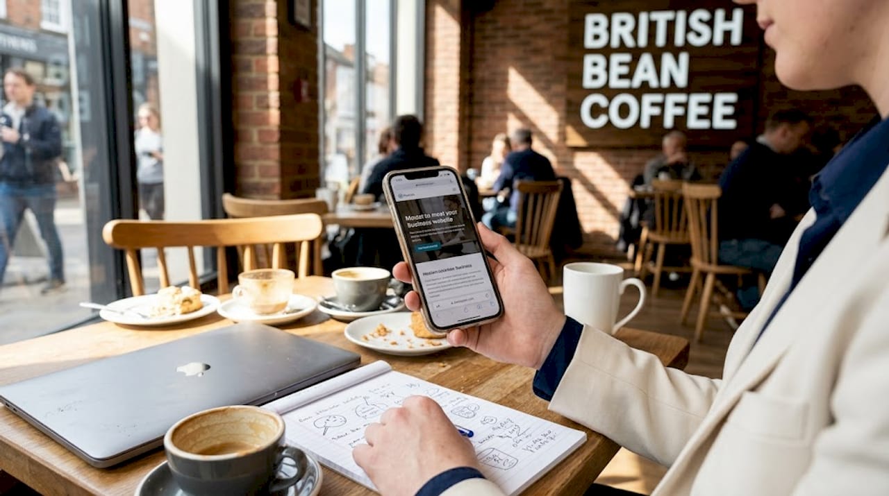 Person views website on phone in café setting