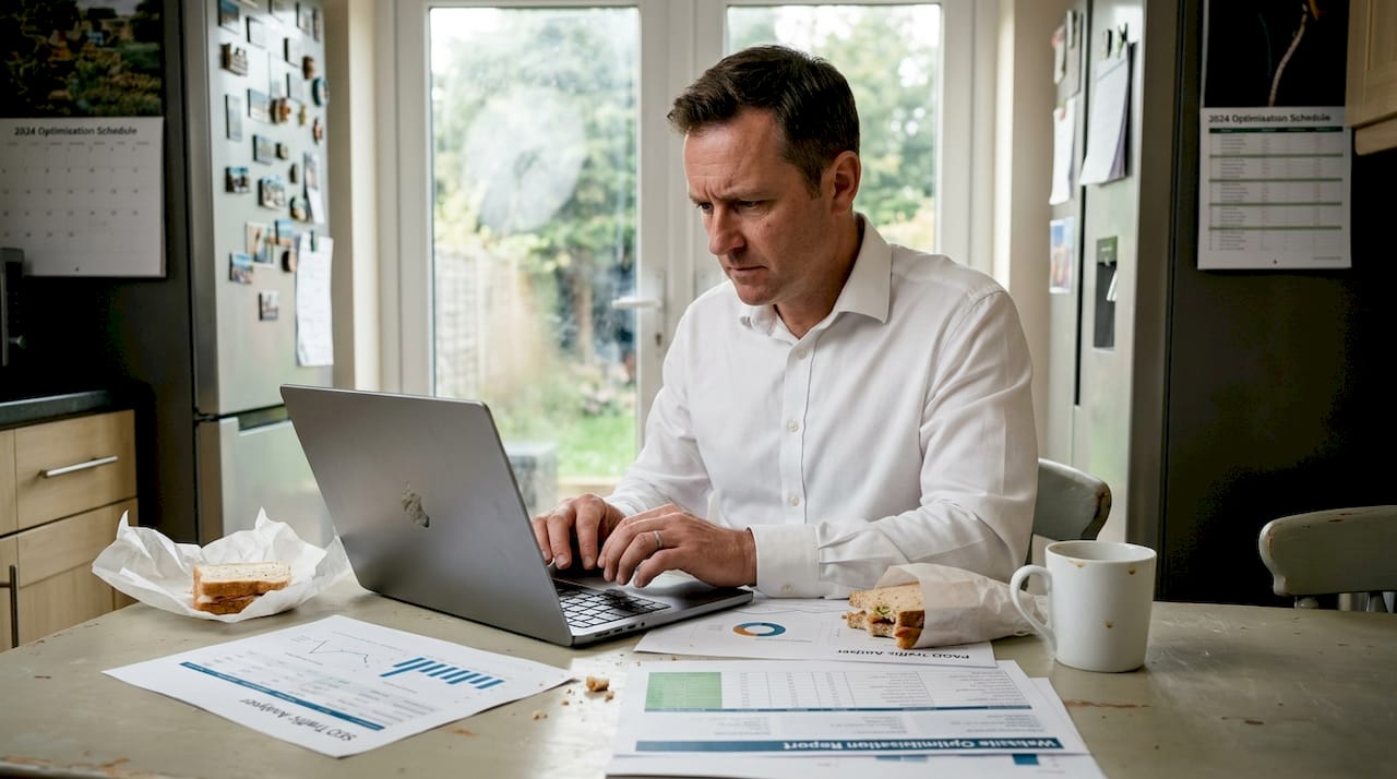 Small business owner reviews SEO redesign