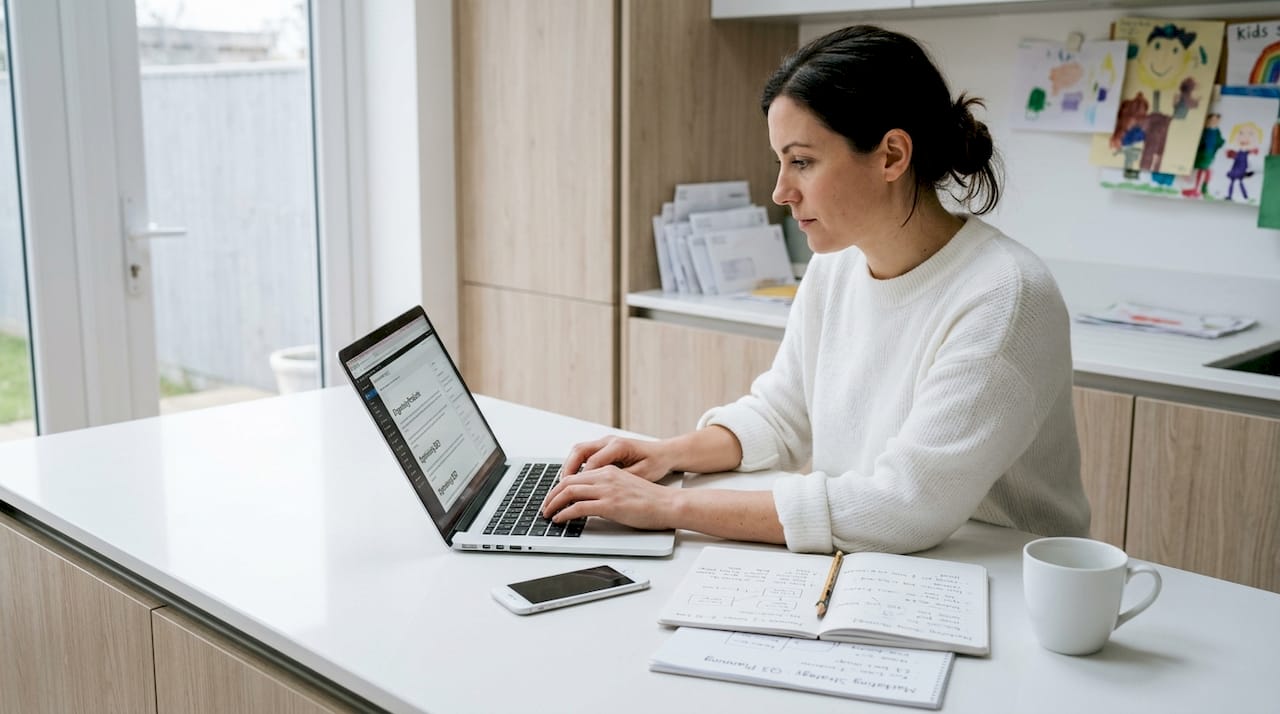 Small business owner updates website at kitchen