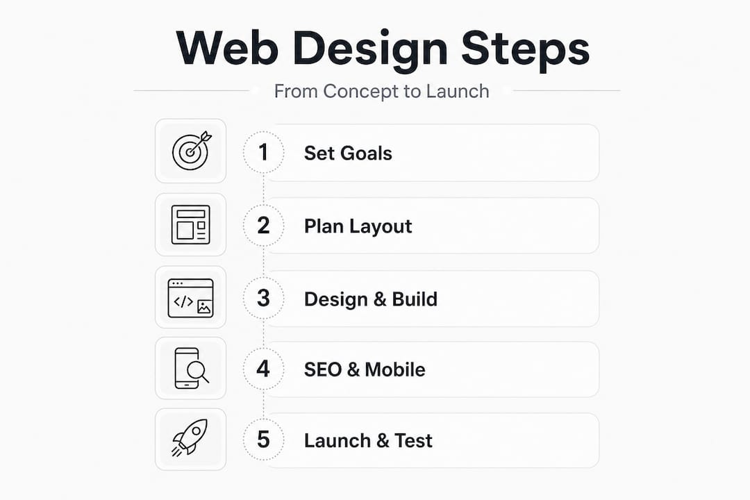 Infographic showing five core web design steps