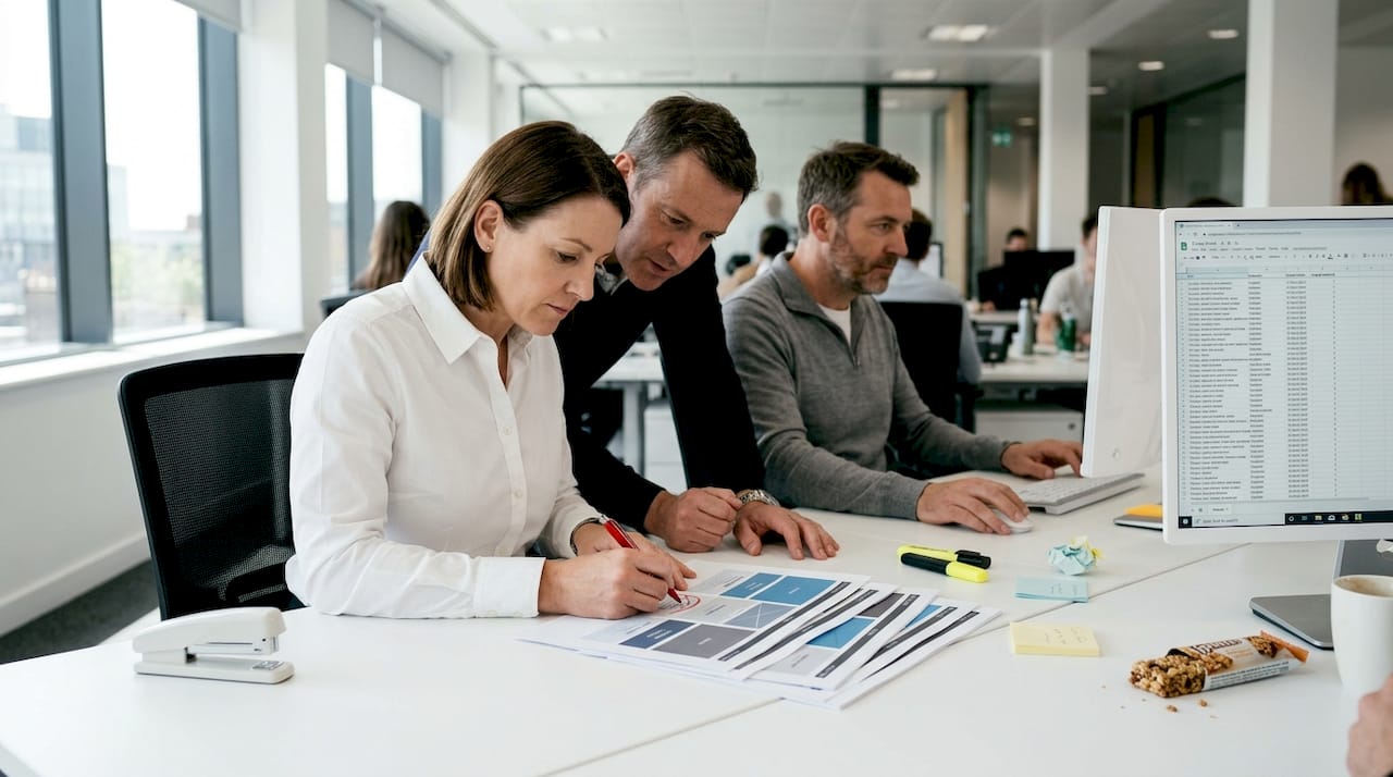 Team auditing website content in open office