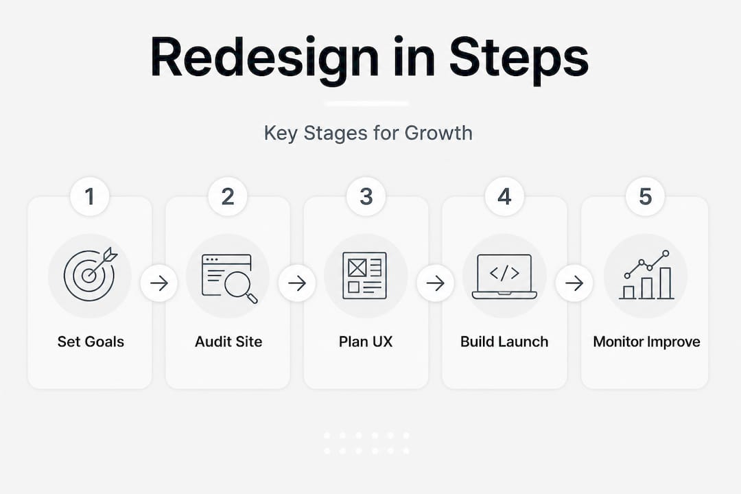 Infographic showing website redesign step-by-step flow