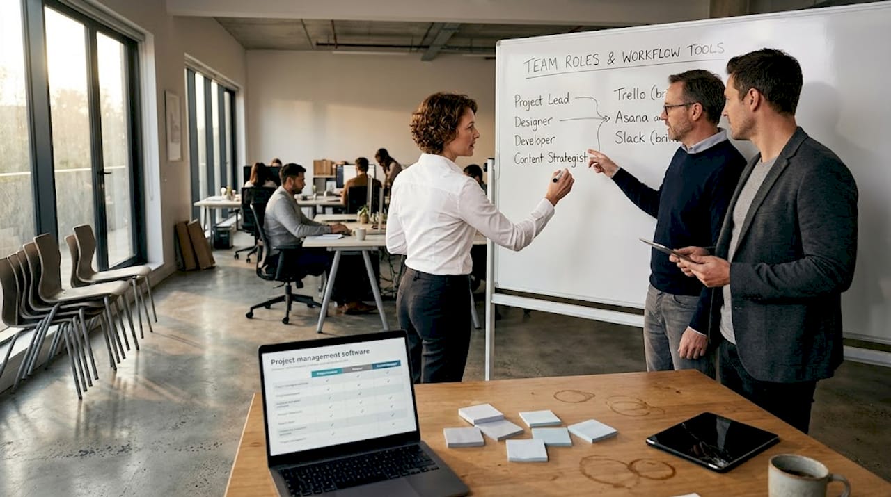 Marketing team reviews workflow tools and roles