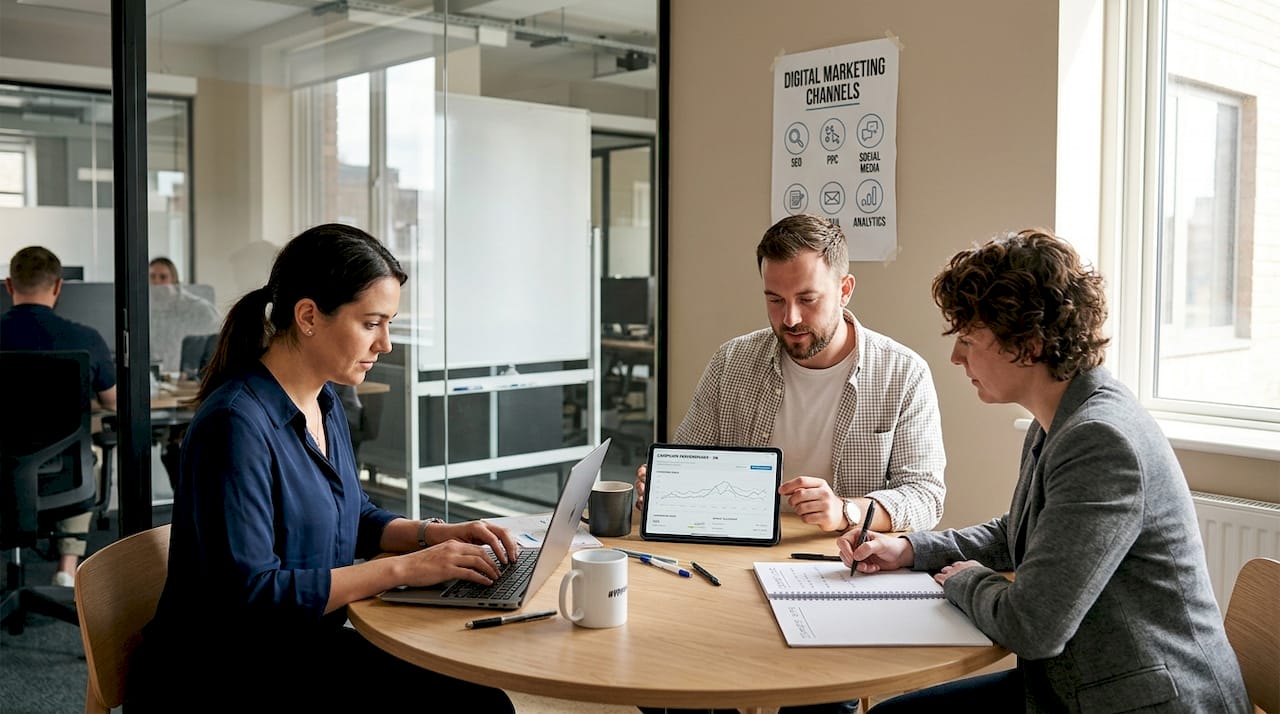 Team discussing digital marketing channels