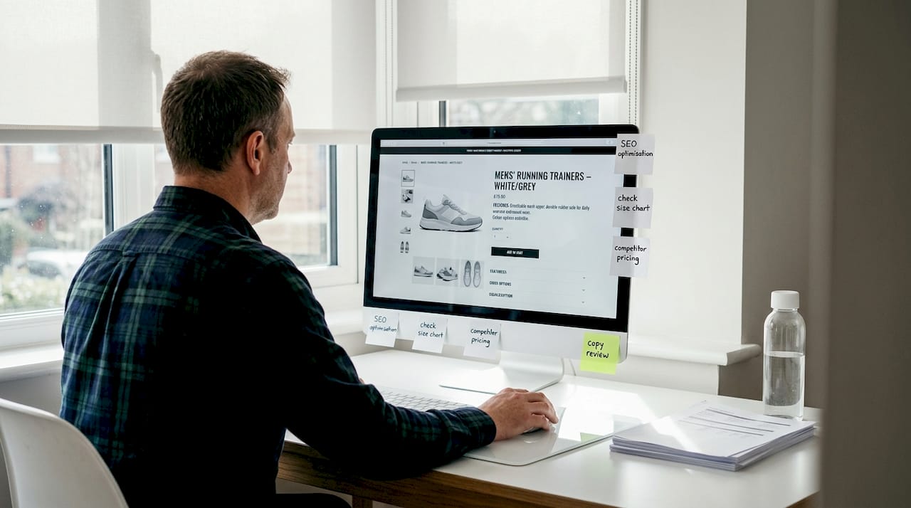 Editing ecommerce product page details at desk