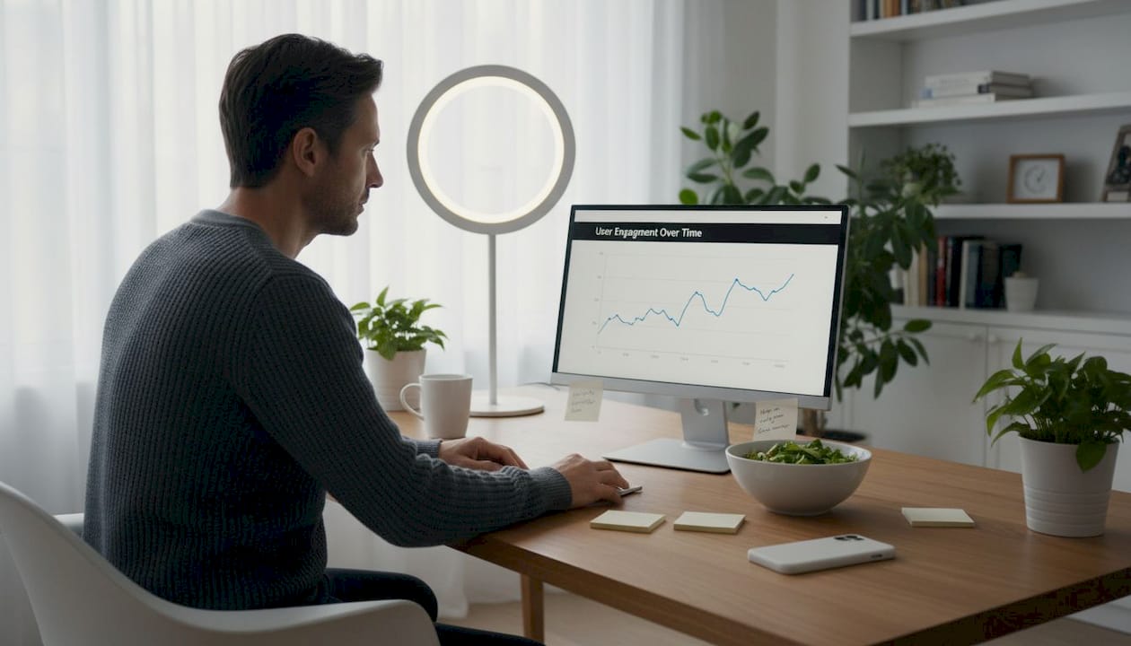 Man reviewing analytics in sunny home office