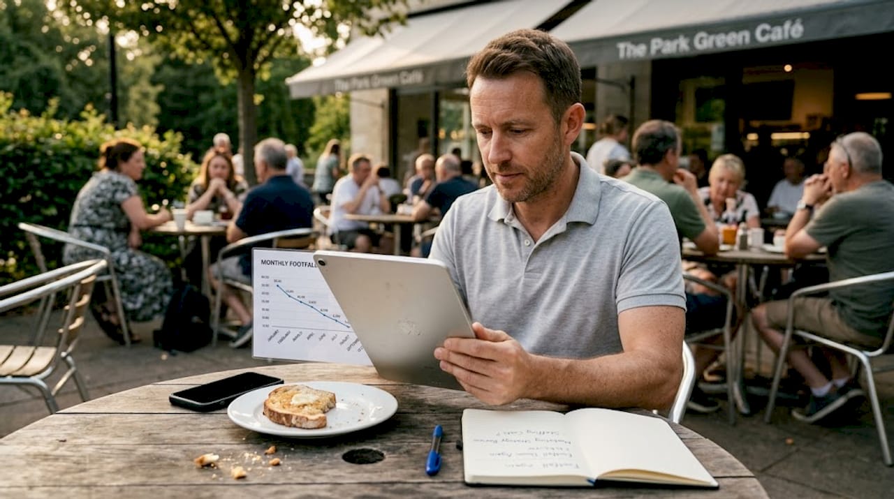 Business owner checks traffic on tablet in café