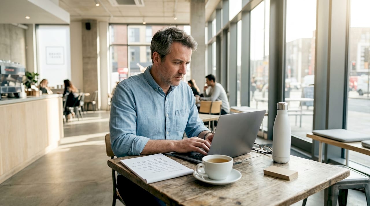 Business owner reviewing company website