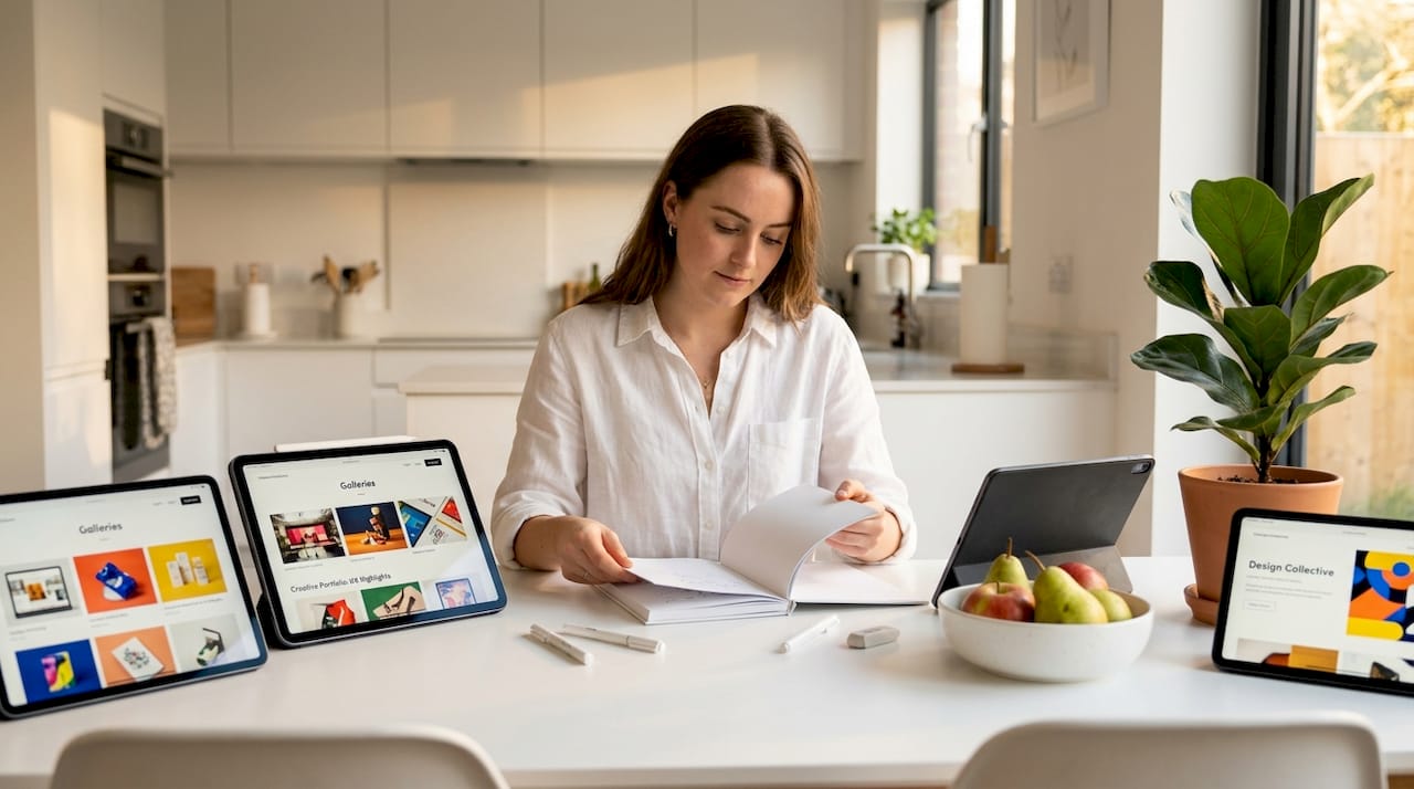 Designer reviewing website gallery ideas at home