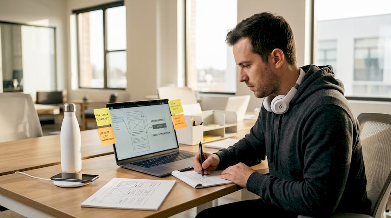 UX designer reviewing micro-interaction demo