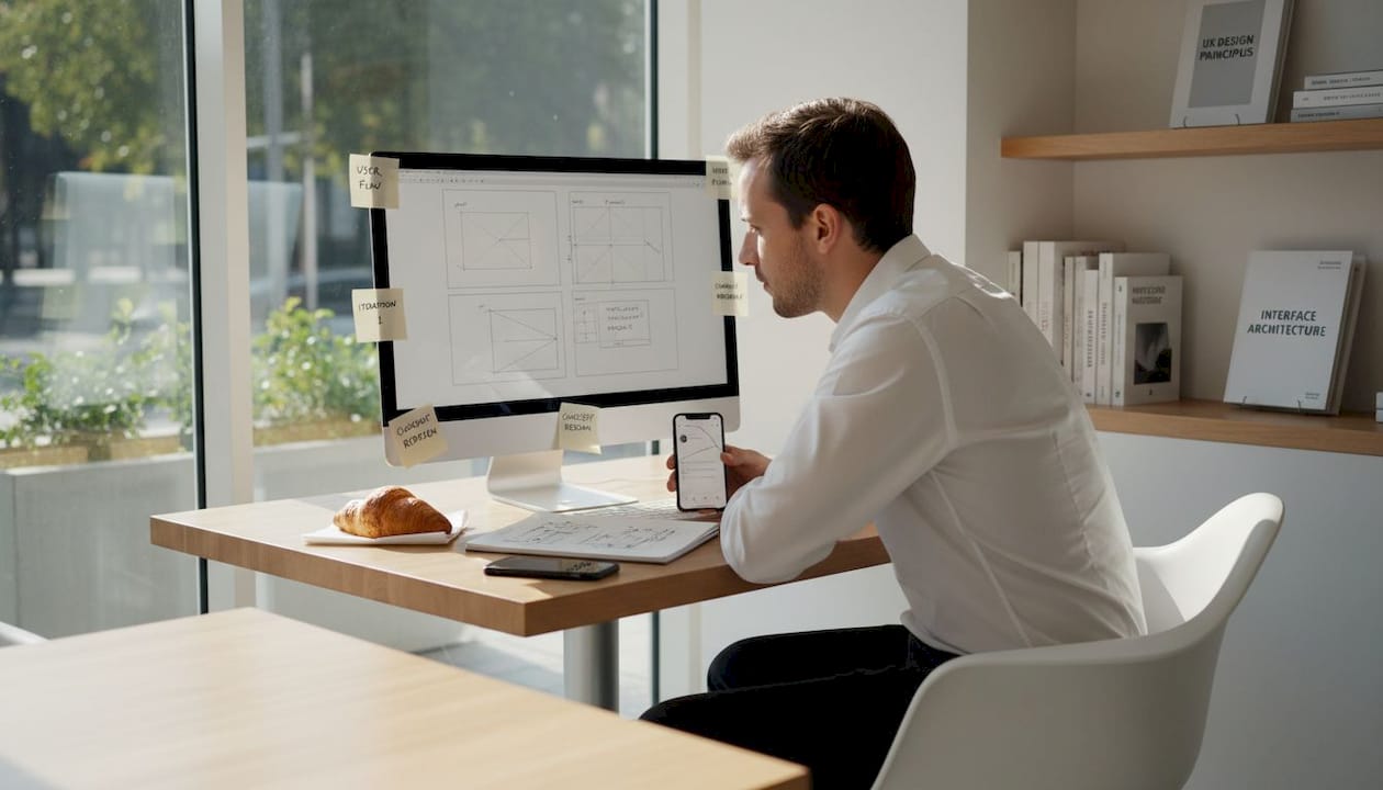 Man reviewing digital wireframe in home office