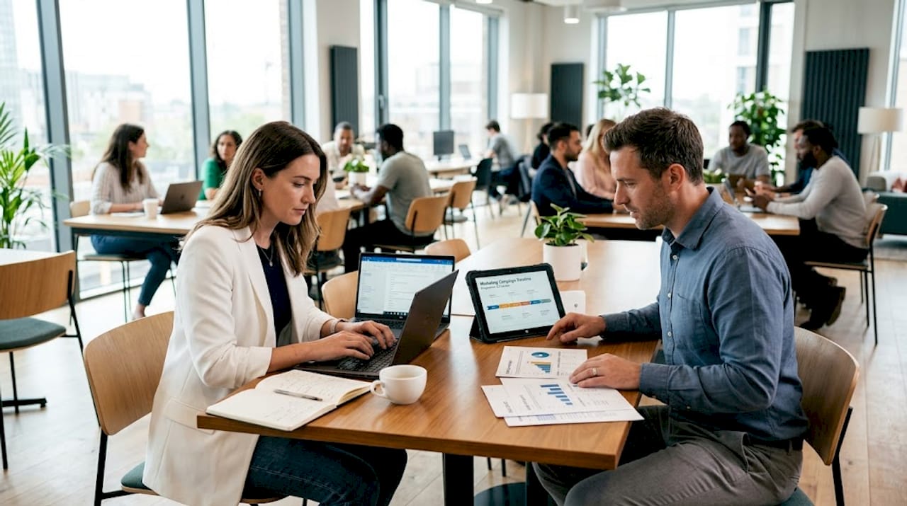 Team plans digital campaign at café table