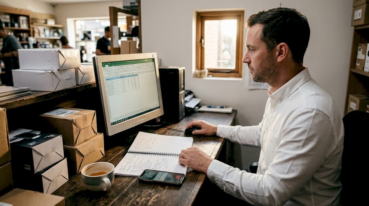 Small business owner working in shop office
