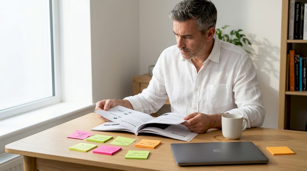 Manager reviews printed brand style guide at home