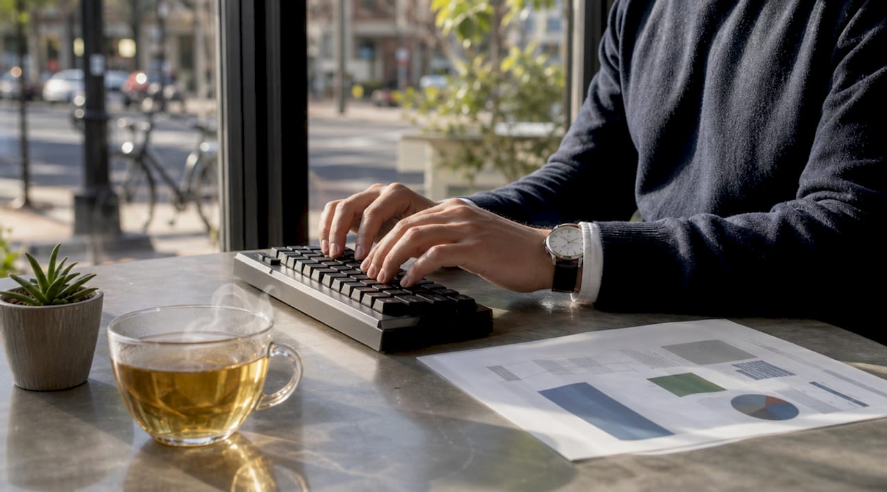 Hands typing with digital footprint list on desk