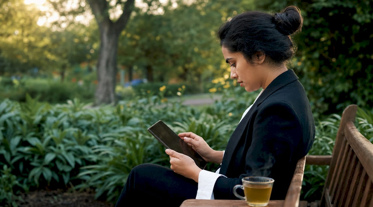Woman using smartphone for digital interaction at cafe