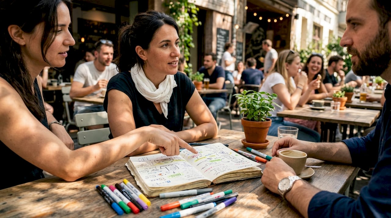 Hands collaborating on brand strategy notes