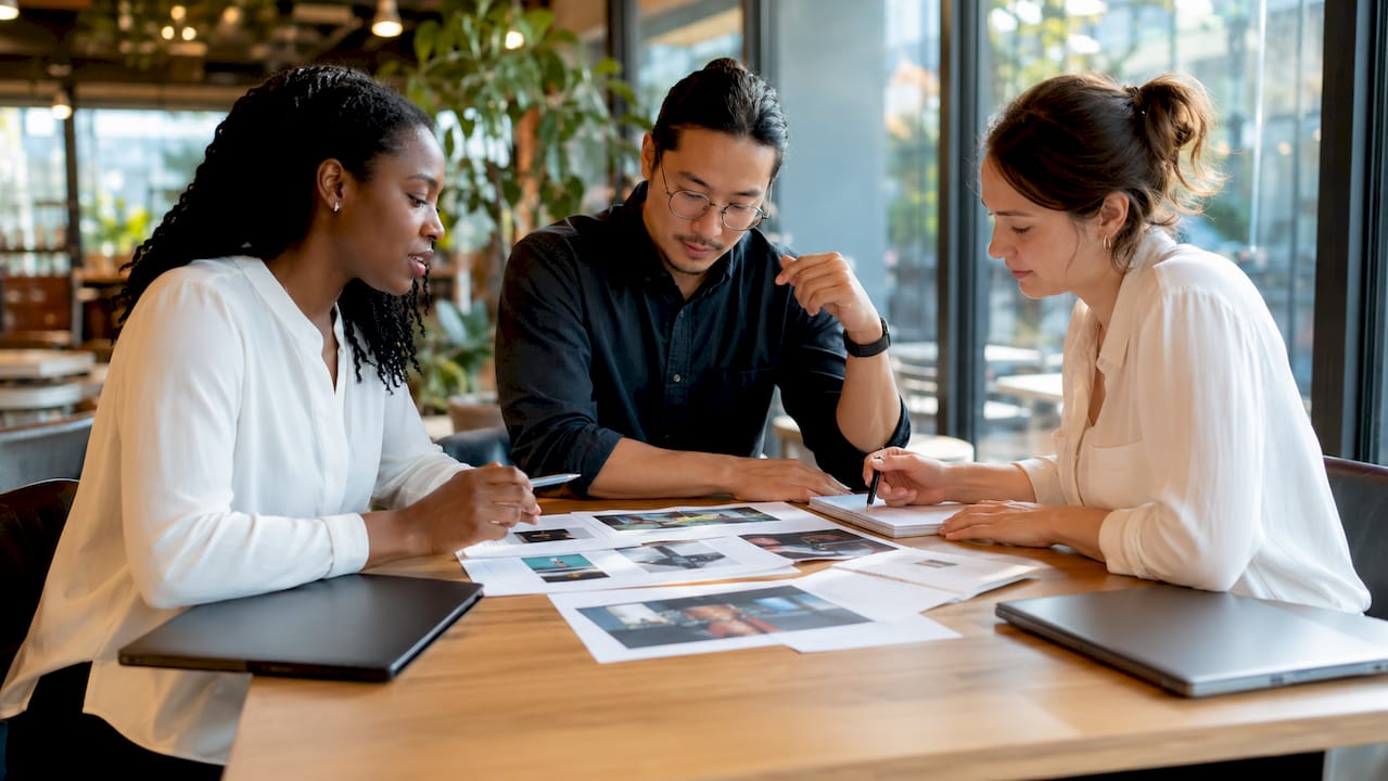 Marketing team collaborating on campaign visuals