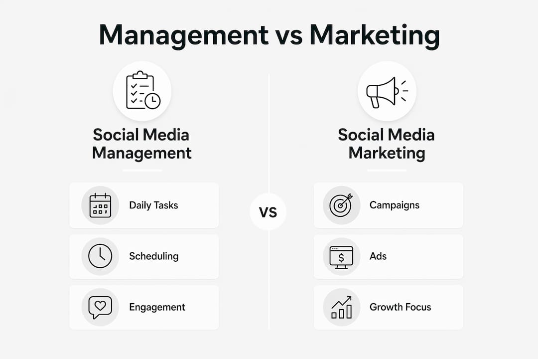 Infographic comparing social media management and marketing