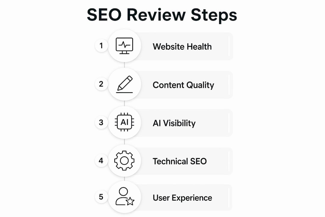 Infographic illustrating key SEO review steps
