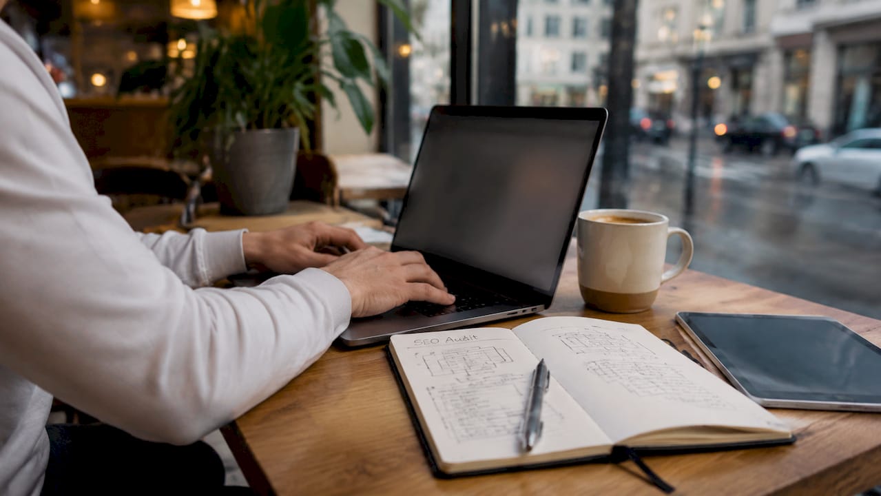 Hands typing technical SEO audit in co-working space
