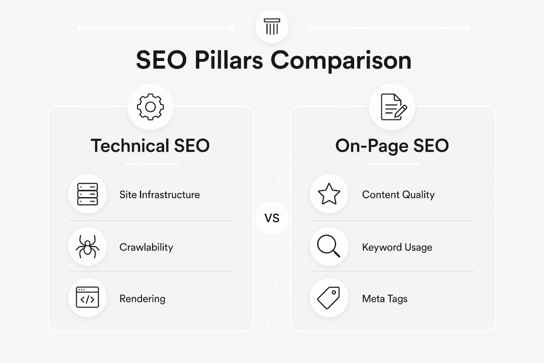 Infographic comparing technical SEO and on-page SEO pillars