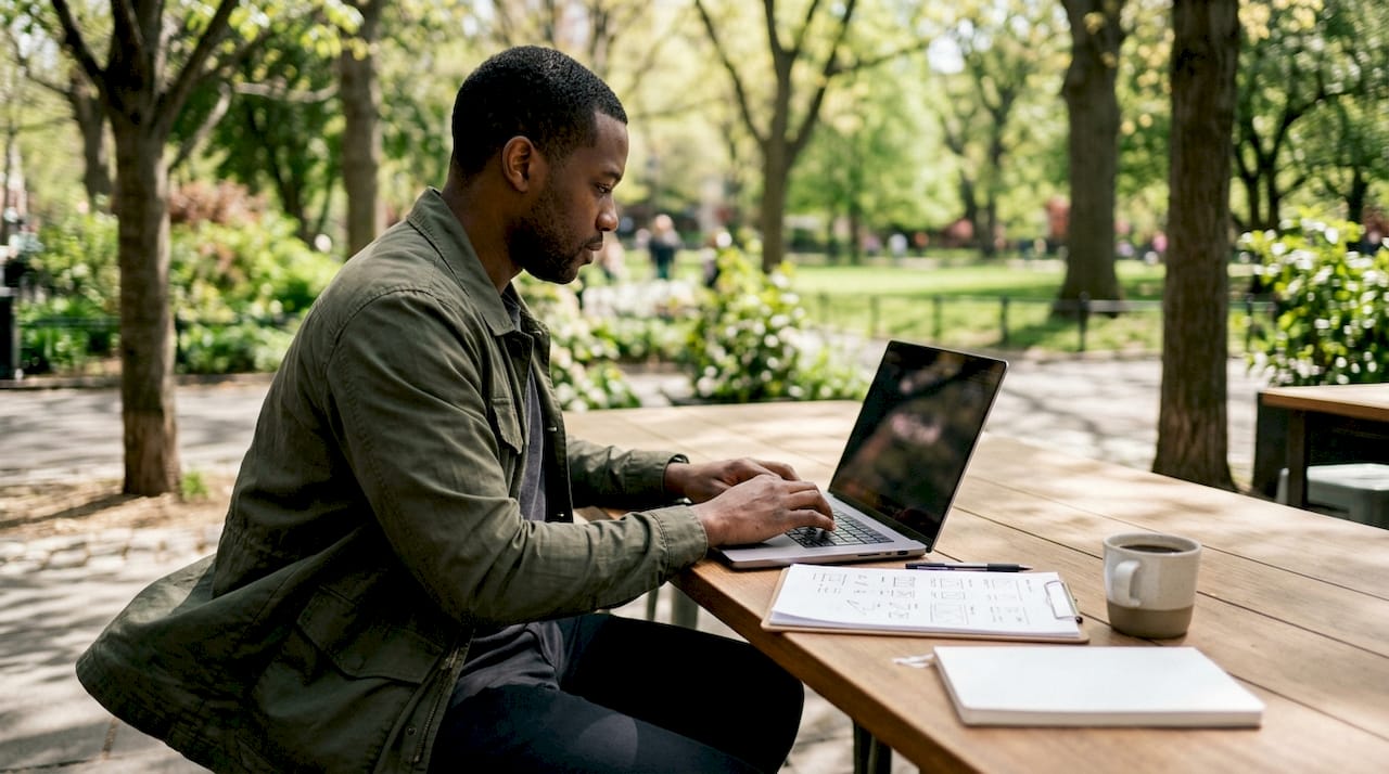 Engineer typing at home desk with notebook
