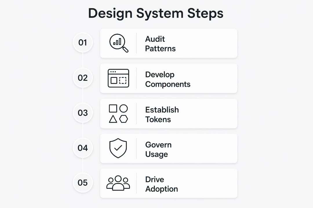 Infographic illustrating design system implementation steps