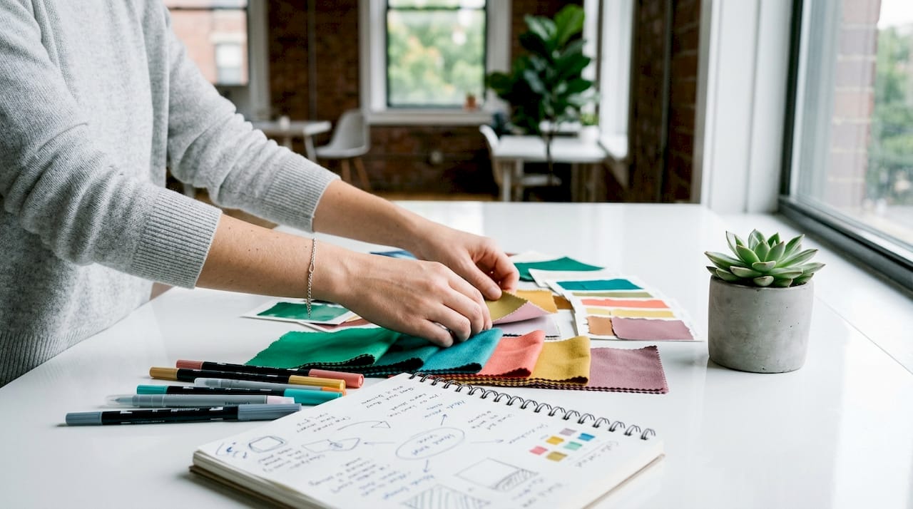 Hands choosing color swatches for brand design