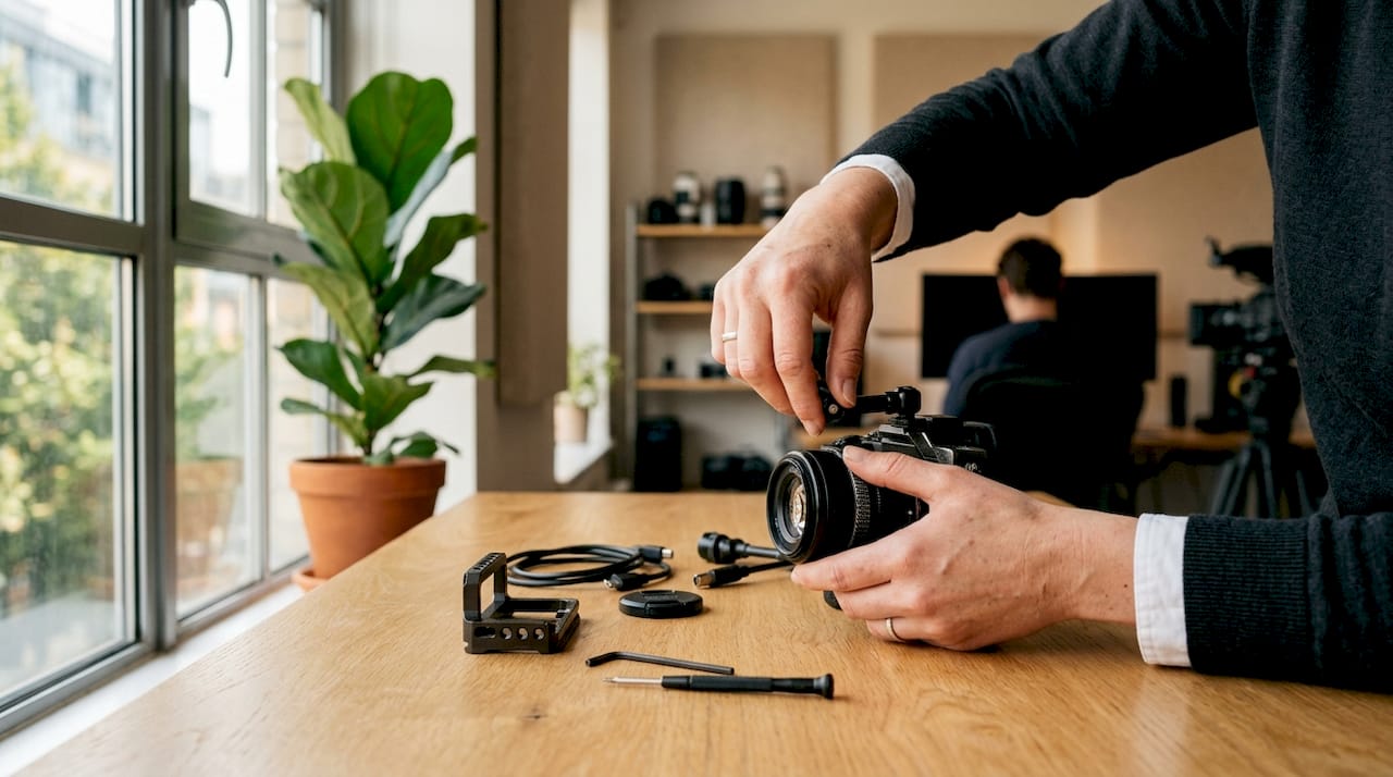 Hands adjusting video camera for SME branding