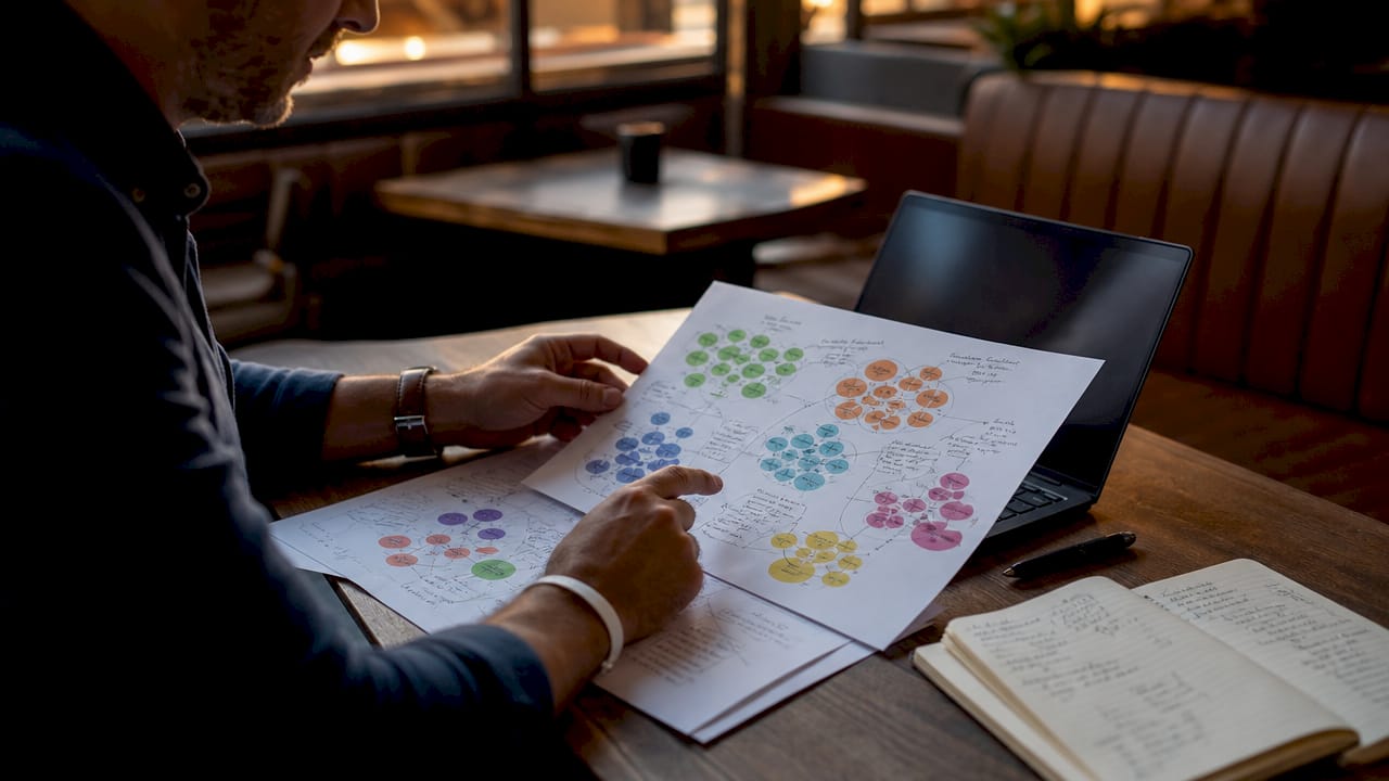 Hands holding keyword analysis charts