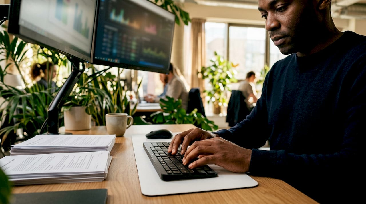Hands typing technical SEO audit details on keyboard