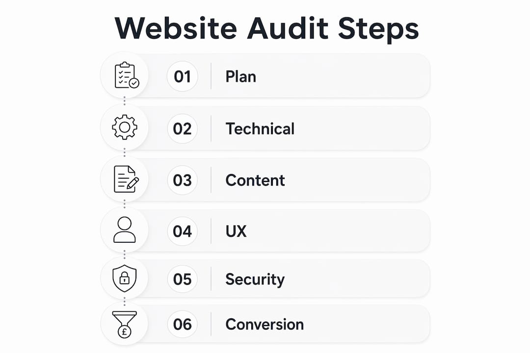 Infographic illustrating website audit process steps