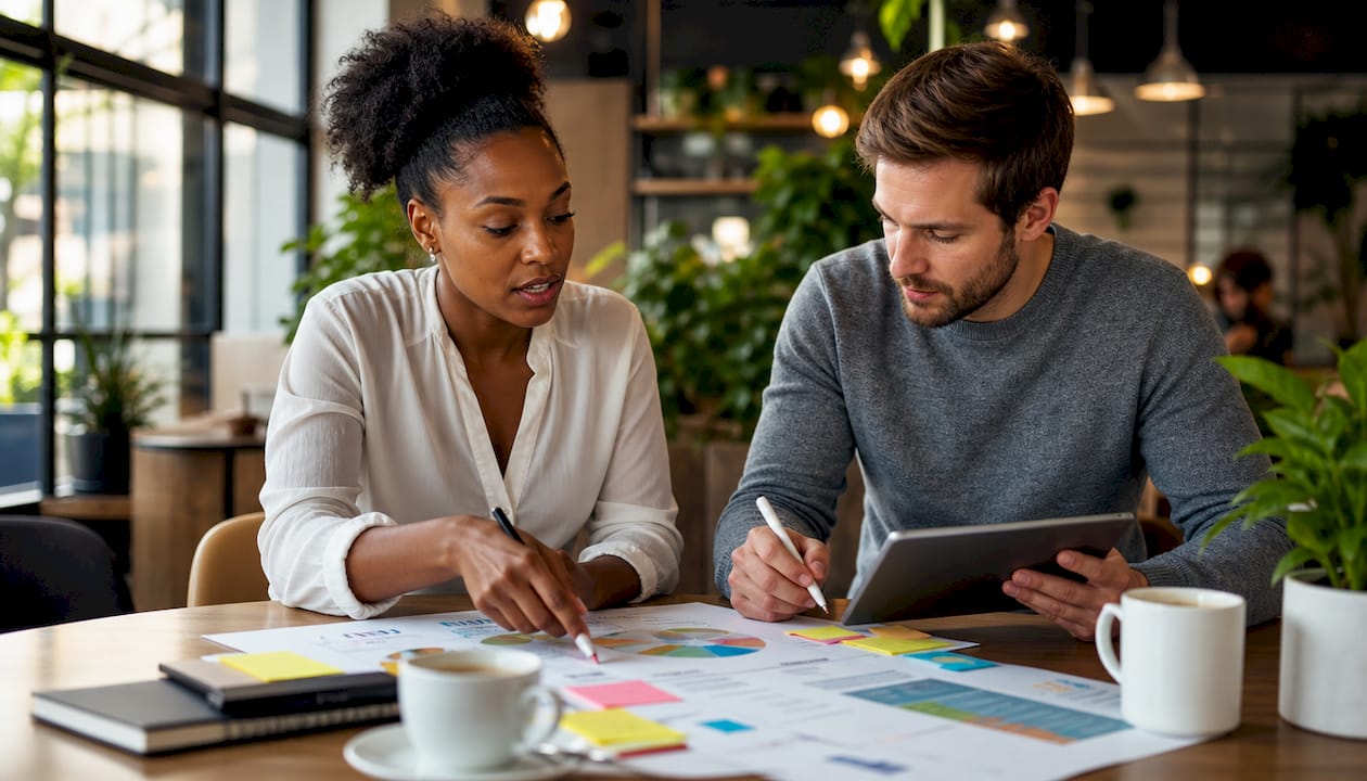 Two partners discussing marketing plans at office table
