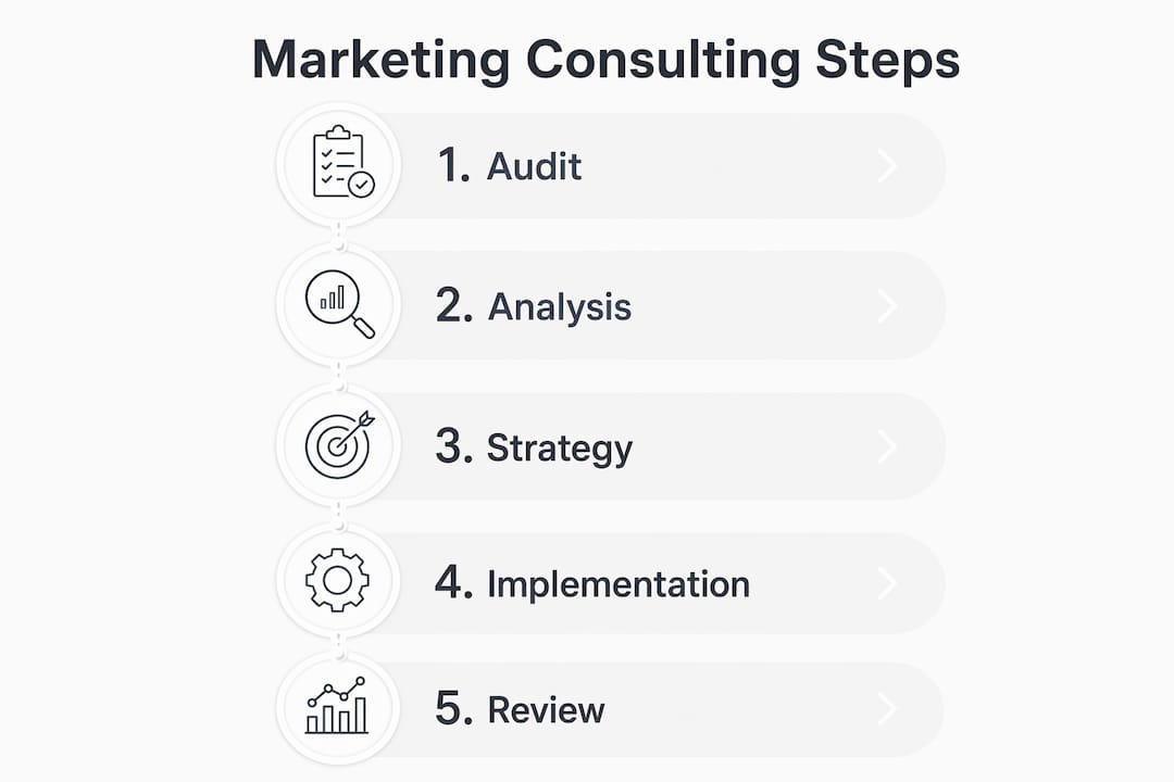 Infographic illustrating five key marketing consulting steps