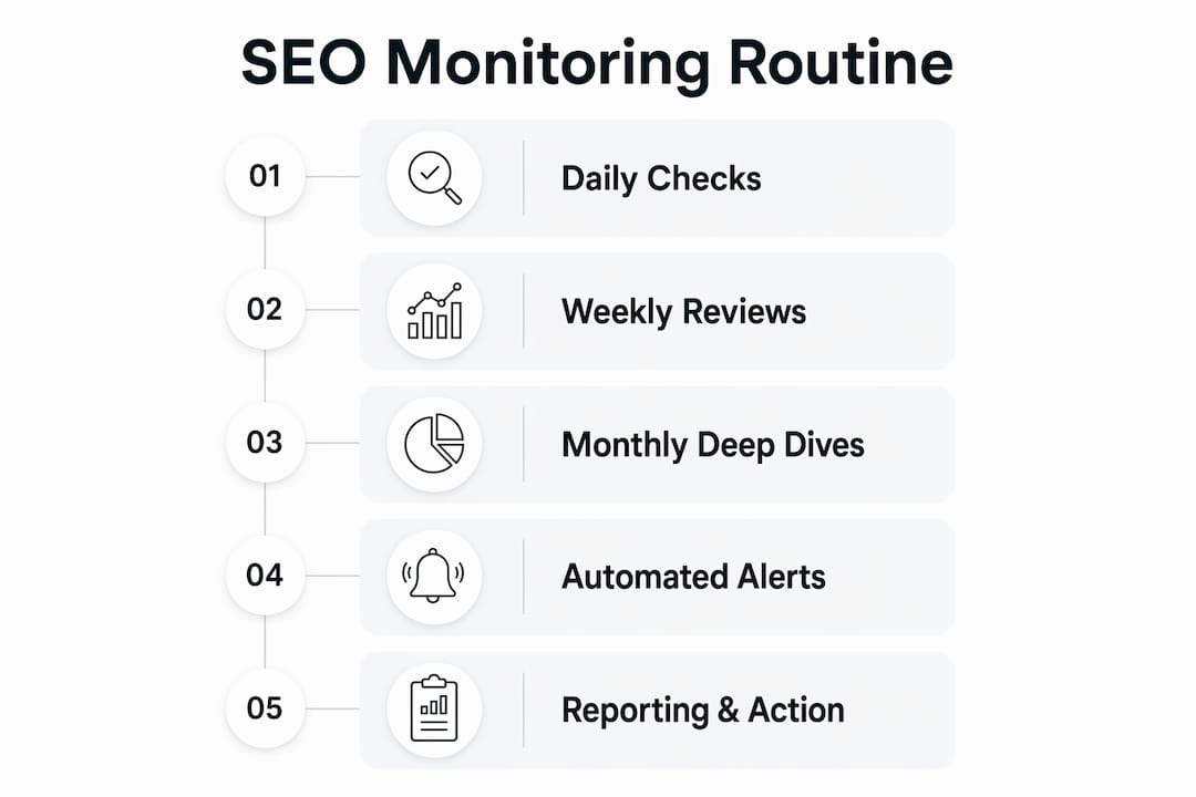 Infographic illustrating SEO monitoring routine steps