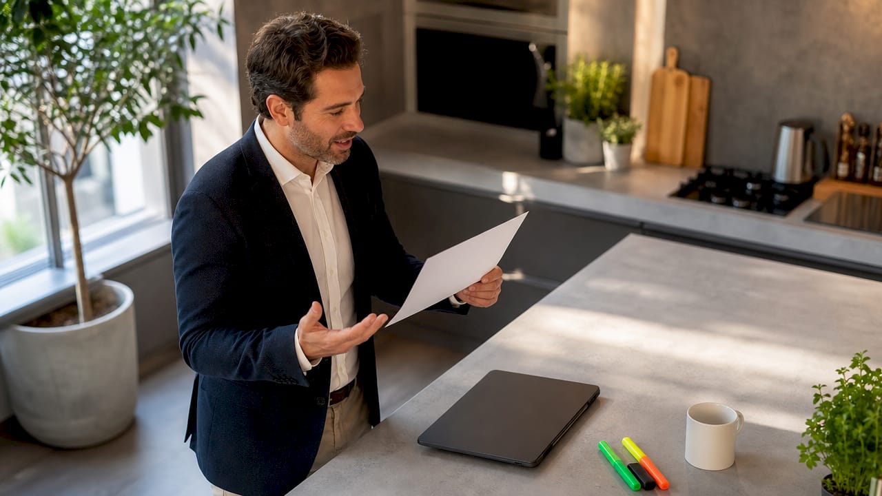 Man reading homepage headline aloud in office