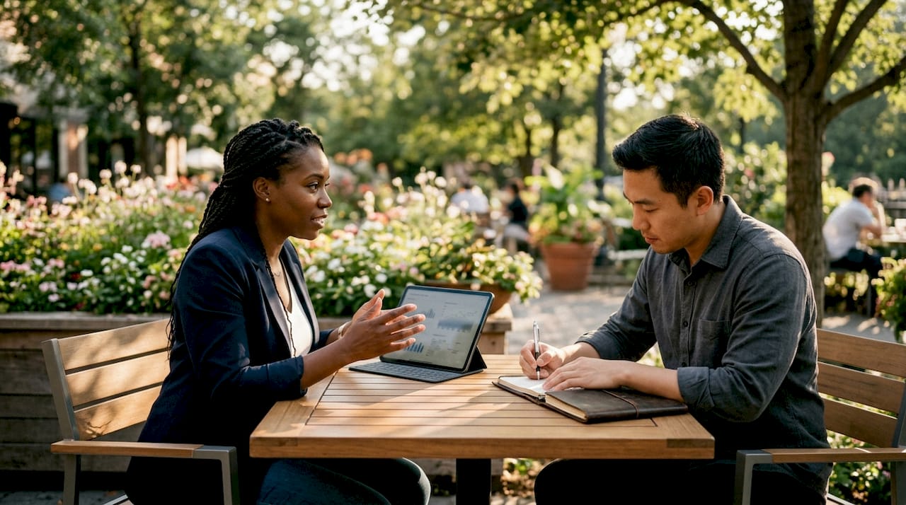 Diverse partners analyzing marketing budget data